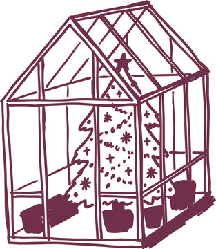 Hand drawn christmas tree in glass greenhouse illustration