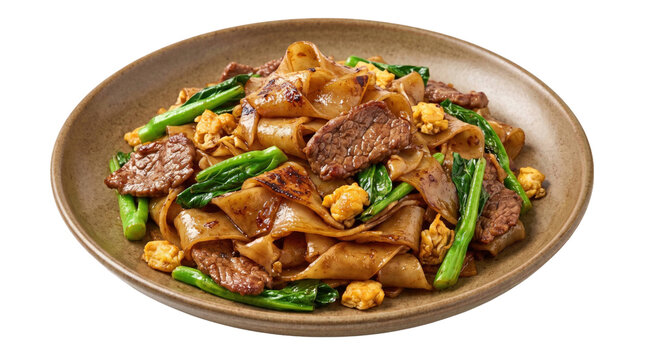 Thai pad see ew with beef and vegetables on a transparent background