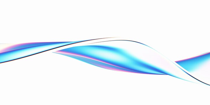 Iridescent holographic blue twisted ribbon wave flowing on a white background, abstract fluid shape, 3d render