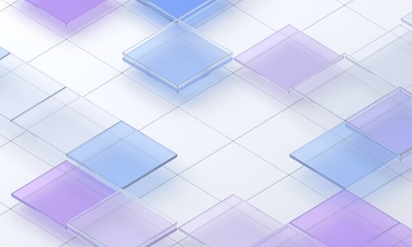 Isometric grid with floating translucent blue and purple glass tiles on a white background, abstract technology concept, 3d render