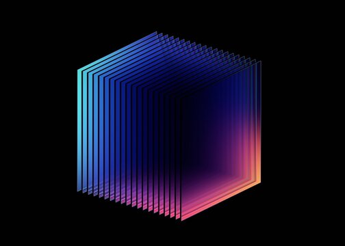 Cube made of layered glass panels with blue, purple and pink neon gradient on a black background, abstract geometric shape, 3d render