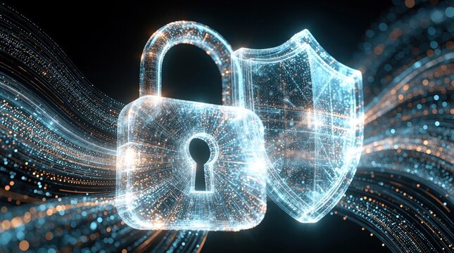 Digital cybersecurity concept with glowing blue lock, shield. Cyber security protection icons guard data privacy in cyberspace. Network security technology uses encryption, firewall to prevent hacker