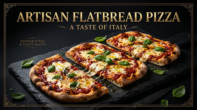 Freshly baked artisan flatbread pizza topped with tomato sauce and herbs