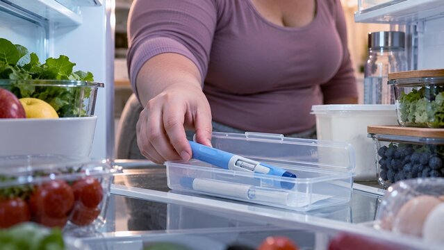 Woman placing a medication injection pen into a protective storage case inside a refrigerator, surrounded by fresh food, illustrating home medication storage and health management