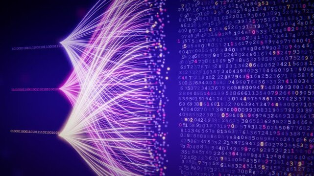 Abstract 3d animation of flowing purple light waves and digital data streams with binary code background