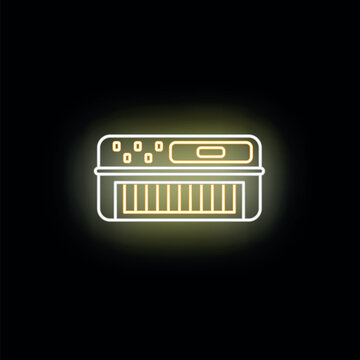 Neon glowing synthesizer keytar icon highlighting electronic music production and performance