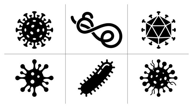 Microorganism silhouettes set with viruses and bacteria, medical science icons for health
