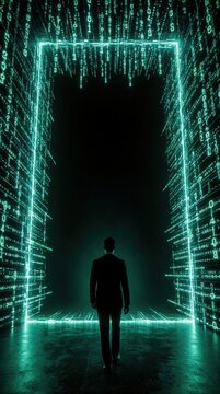 Silhouetted man in suit walks toward glowing digital matrix portal. Cyber space doorway made of neon binary code streams. Person enters virtual reality dimension with futuristic light data tunnel.