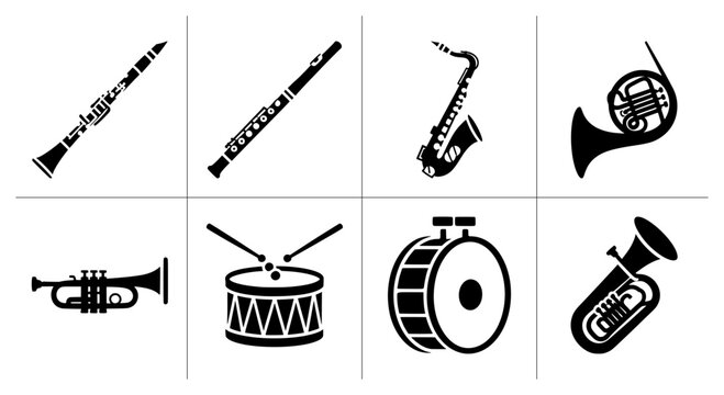 Musical instrument silhouettes set with trumpet, drum, saxophone, and horn for music design