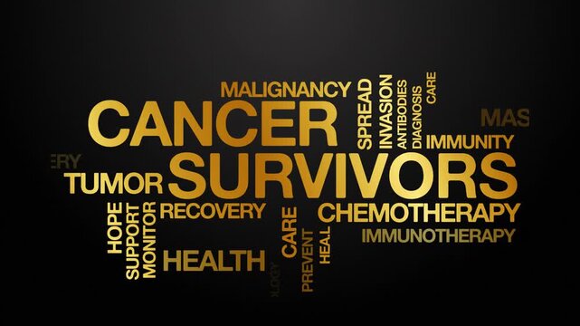 cancer survivors concept Animated Tag Word Cloud kinetic typography, Text Design Animation typography seamless loop video motion graphics Intro Wordart arrangement golden type on black background bg b