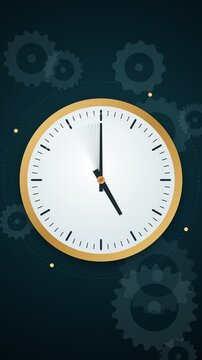 Animated analog clock face with hands moving, set against a dark background with mechanical gears, representing the concept of time passing and precision.