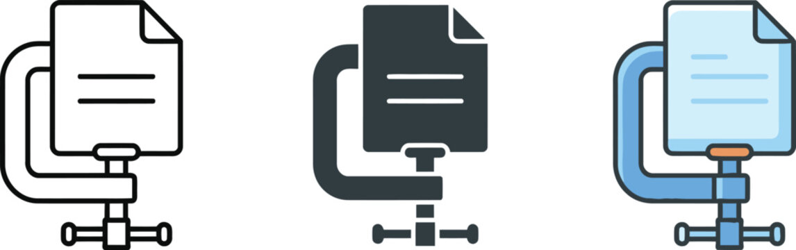File compression icon set with document clamped in a vice tool in multiple styles