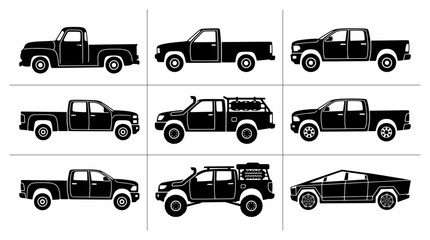 Pickup truck silhouettes set with classic, modern and off-road vehicles for transport logos © Mahata
