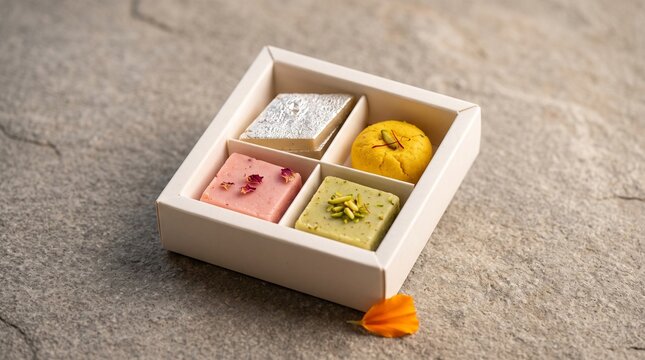 Gift box of assorted Indian sweets with kaju katli and ladoo