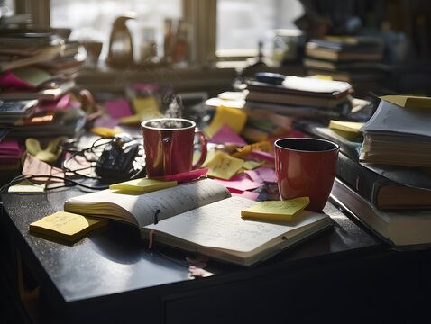 A messy office desk covered in open books, notebooks, sticky notes, and two red coffee mugs, study and workload concept