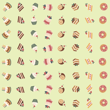 Colorful Seamless Pattern of Various Sweet Desserts Including Cakes, Cupcakes, Donuts, and Pastries vector