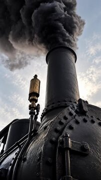 Metal industrial smokestack releases thick dark smoke into overcast sky, showing vertical steam engine structure with riveted surfaces and dramatic close-up composition in industrial environment