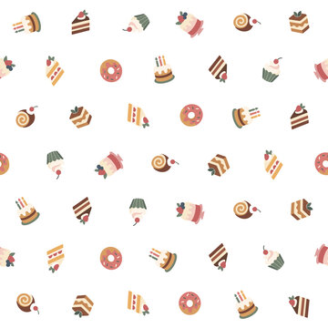 Seamless pattern of delicious various cakes, cupcakes, donuts, and pastries on white background vector