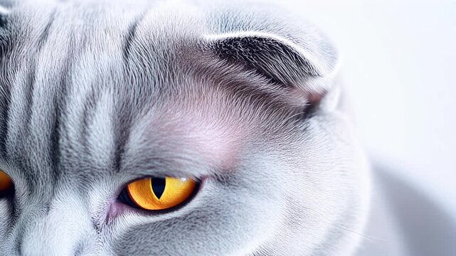 Extreme macro photorealistic footage of a cute Scottish Fold cat's distinctive folded ear detail
