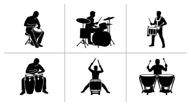Drummer silhouettes set with bongo, conga, drum kit and timpani players for music and performance