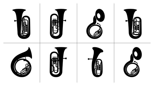 Tuba silhouettes set with various brass instruments for music design