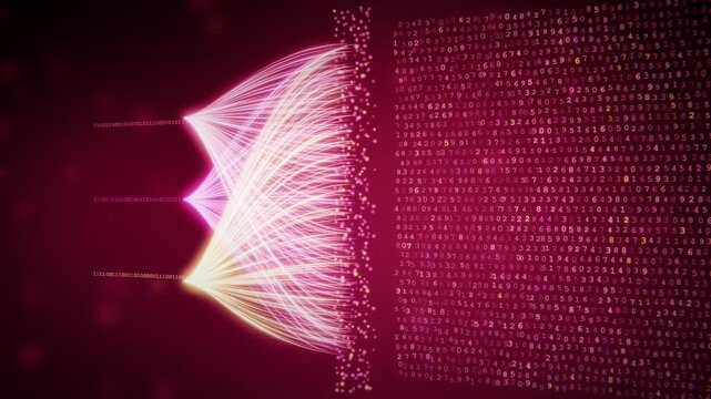 Abstract 3d animation of glowing pink data streams and digital numbers flowing through a dark background