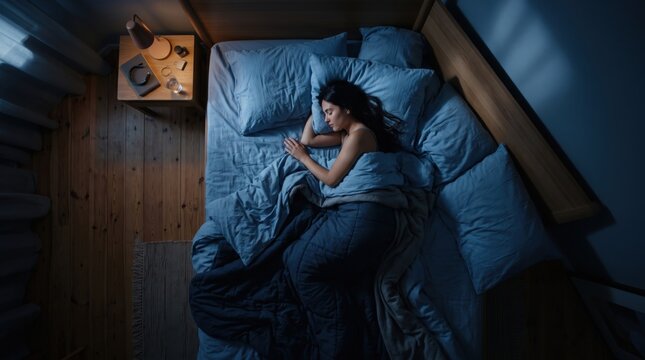 Top-down view of a woman sleeping peacefully in her bed at night inside a cozy bedroom with warm bedside table lamp lighting casting soft blue tones across the wooden floor and bedsheets