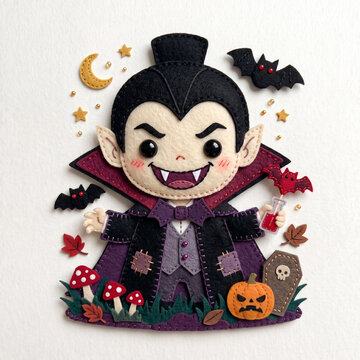 Handmade Felt Cute Dracula Vampire Boy with Bats Coffin and Pumpkin for Halloween
