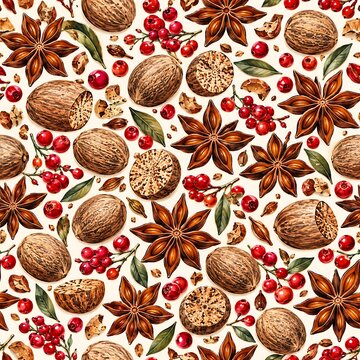 Seamless Christmas spices pattern with nutmeg star anise and red berries, xmas festive background illustration