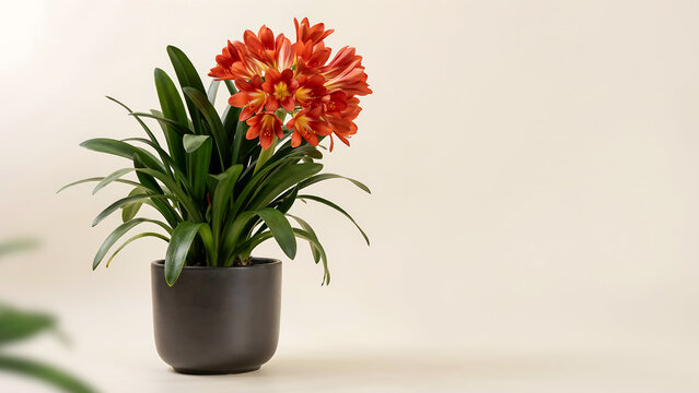 Orange clivia flower in a black pot with long green leaves on a cream background with copy space