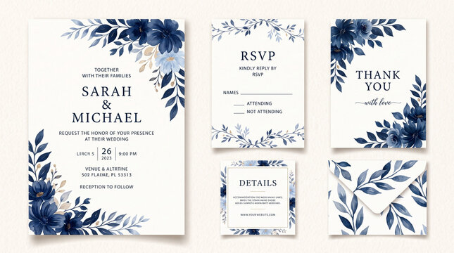 Indigo Blue Botanical Wedding Invitation Card Set with Watercolor Floral Leaves, Thank You and RSVP Templates