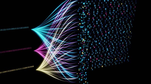 Abstract 3d animation of flowing digital data streams and binary numbers in a dark space background