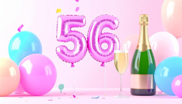 Birthday and Anniversary Celebration with Champagne and Number 56 Balloon