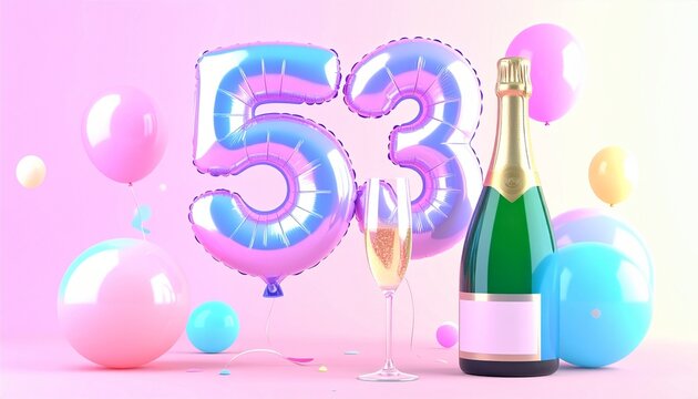 Birthday and Anniversary Celebration with Champagne and Number 53 Balloon