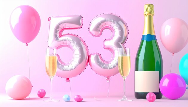 Birthday and Anniversary Celebration with Champagne and Number 53 Balloon