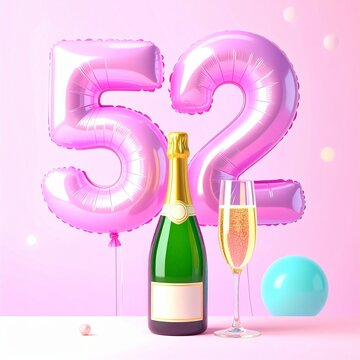 Birthday and Anniversary Celebration with Champagne and Number 52 Balloon