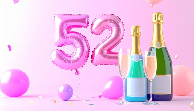Birthday and Anniversary Celebration with Champagne and Number 52 Balloon
