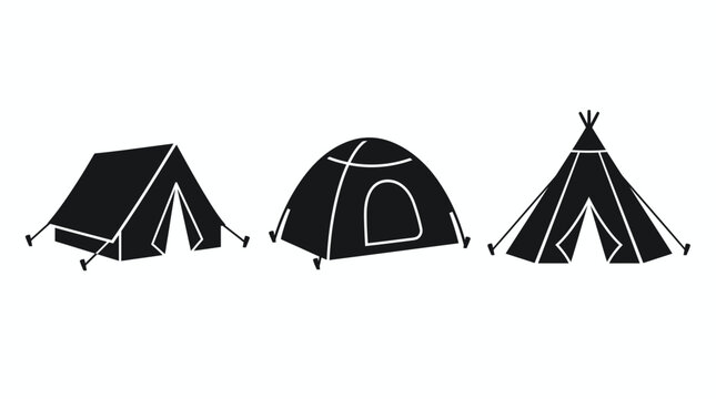 Black camping tent silhouettes set. Various styles including dome tipi ridge designs. Professional outdoor hiking equipment. Minimalist icons on white background. Adventure travel lifestyle concept.