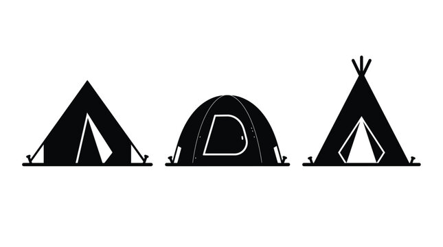 Set three camping tent silhouettes. Simple black icons depicting dome, teepee, triangle shapes. Collection suitable outdoor adventure equipment branding. Minimalist flat design. Wilderness concept.