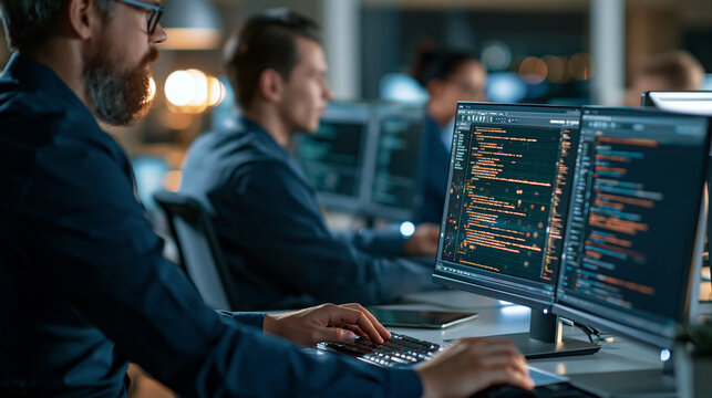 Rear view of a professional team of programmers working on a project in a software development office of an information technology company faces out of frame writing codes data