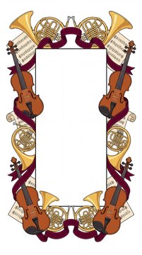 Classical music vector frame border with violins and french horns