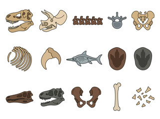Dinosaur Fossil and Bone Icon Set Featuring Skulls, Footprints, and Skeletal Remains for Paleontology Education and Design © abil