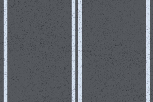 Top view dark asphalt road texture with vertical white lane markings, rough pavement surface and empty copy space. View from above. Aerial.