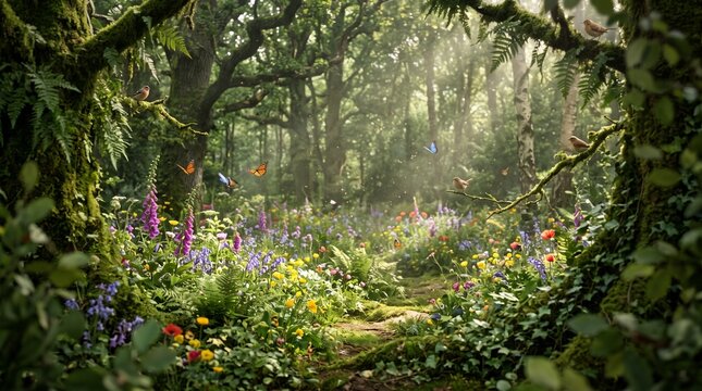 Enchanted woodland glade filled with blooming wildflowers and sunbeams, magical lush green forest pathway, whimsical fairytale outdoor background