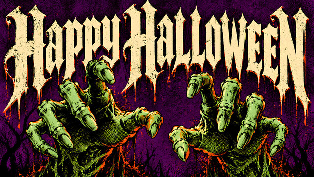 A festive Halloween graphic featuring stylized text and two reaching green zombie hands against a dark purple, eerie background.