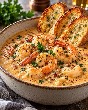 Creamy shrimp bisque with herb garlic toast