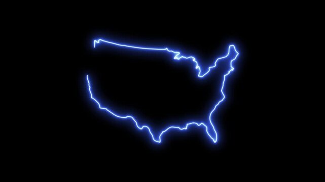 Glowing neon outline of united states map animated on black background