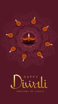 Elegant Diwali Festival of Lights Animation with Glowing Golden Oil Lamp, Ornamental Mandala Patterns and Festive Greeting on a Burgundy Background, 4K