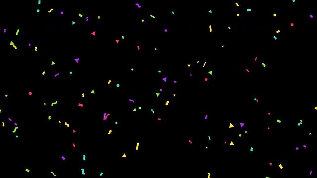 Ultra-organic party popper burst featuring geometric confetti and flowing streamers that stretch from momentum and smoothly recoil to float down, with transparent alpha.