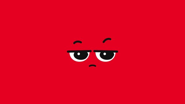 Animated cartoon face with bored expression on red background.